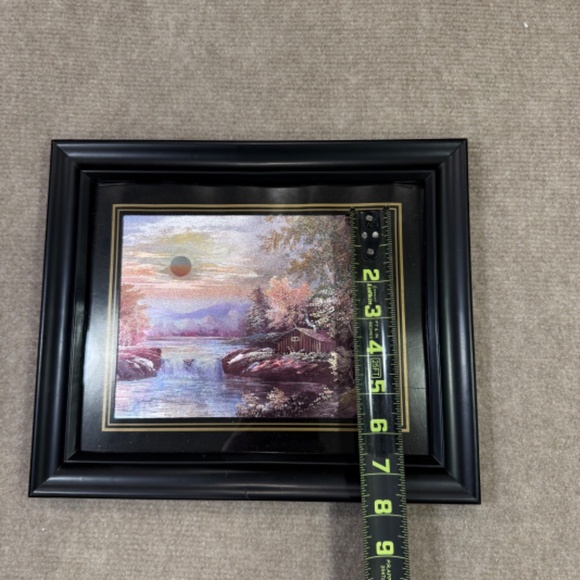 VTG Etched Foil Art Print Framed Outdoor Scene Cabin Woods Mountains Waterfall - Picture 6 of 7